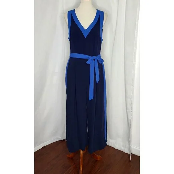 Anthropologie Elevenses Jumpsuit 10 Beca Blue Colorblock Wide Leg Copped Cut Out - Picture 4 of 15